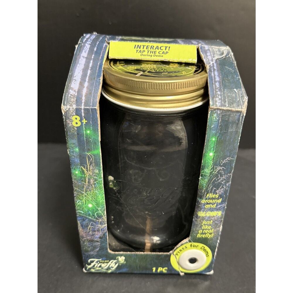 Gemmy My Pet Firefly Glows Glass Jar Green Color Tested Lights Movement Video